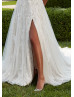 Beaded Spaghetti Straps Ivory 3D Lace Tulle Slit Chic Wedding Dress